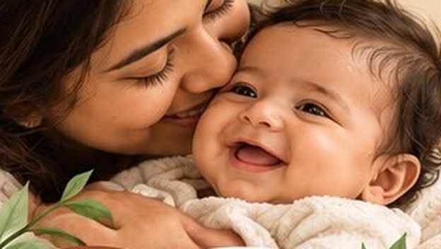 A mother kissing her laughing baby